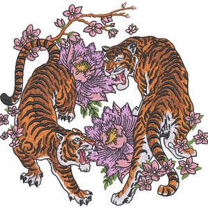 Asian Floral Tiger Embroidery Design - Machine Embroidery File design - 8x8 inch hoop - instant download - Chinoiserie Flower Tiger Design