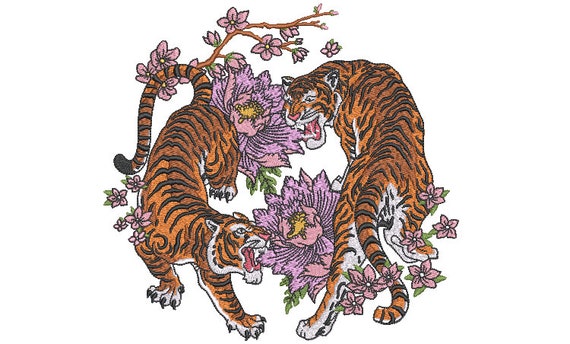 Asian Floral Tiger Embroidery Design - Machine Embroidery File design - 8x8 inch hoop - instant download - Chinoiserie Flower Tiger Design