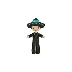 May include: Embroidered patch of a person wearing a black suit and a traditional Mexican sombrero with green and pink trim.
