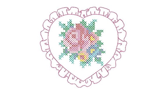 Cross Stitch Heart Monogram Frame - Rose Doily Design - Machine Embroidery File design 5 x 7 inch hoop