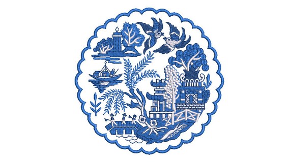 Chinoiserie Chic Blue Willow Pagoda Doily Machine Embroidery File Design 6x10 Inch Hoop Etsy Canada