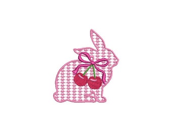 Cherry Coquette Bunny with bow  - Machine Embroidery File design 4 x 4 inch hoop - Easter Embroidery Design