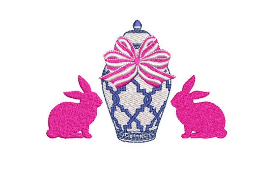 Chinoiserie Chic Ginger Jar Bunnies Embroidery - Machine Embroidery File design 5x7 hoop - Easter Embroidery Design