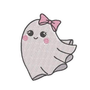 May include: An embroidered patch of a light gray ghost with a pink bow on its head. The ghost has large black eyes with white highlights, a small smiling mouth, and round pink cheeks. The design features dark gray outlines and textured stitching.