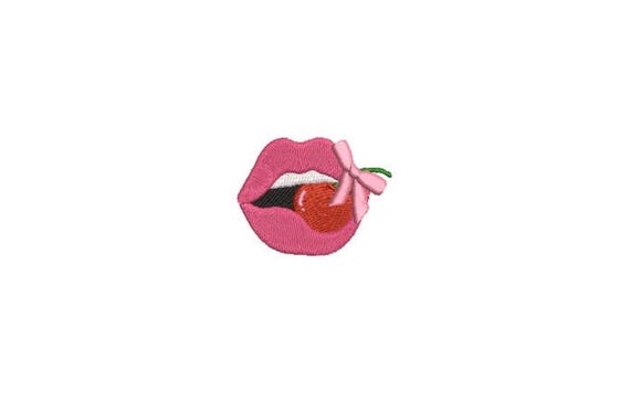 Mini Bow Cherry Lips Embroidery Design - Machine Embroidery Instant Download - Cherries Coquette Bow - 2x2 inches