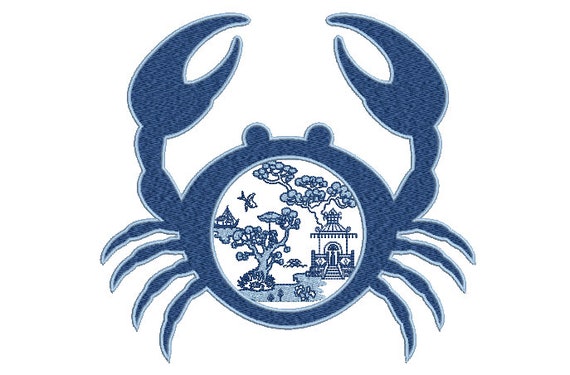 Blue Willow Chinoiserie Crab - Machine Embroidery File design -  8x8 inch hoop - Chinoiserie Embroidery