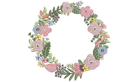 Pretty Flower Wreath Embroidery - Machine Embroidery File - design 8x8 inch hoop - Monogram frame