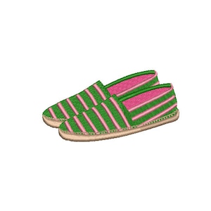May include: A pair of green and pink striped espadrille shoes. The shoes have a canvas upper and a jute sole.