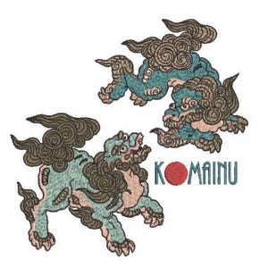 May include: An embroidery design featuring two stylized Komainu guardian lions in teal and brown thread. The creatures have swirling manes and tails. The text KOMAINU is embroidered in blue with a solid red circle replacing the letter O.