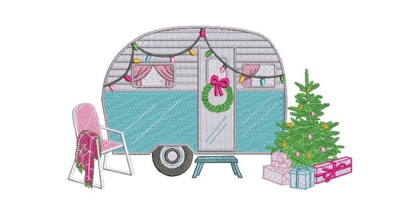 Christmas Caravan Camping Machine Embroidery File design 8x8 inch hoop - instant download