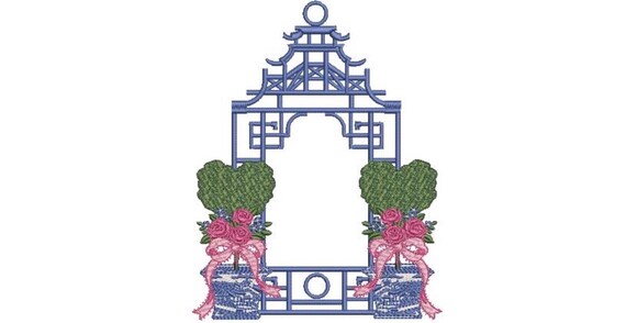 Chinoiserie Chic Pagoda Frame - Heart Topiary - Machine Embroidery File design - Rose Bow Bouquet - 6x10 inch hoop - Monogram NOT included
