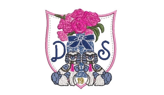 Chinoiserie Chic - Blue Willow Spaniel Dog Crest  - Machine Embroidery File design  - 4x4 hoop
