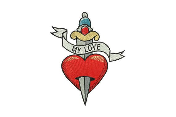Retro Heart Embroidery - My Love Heart Tattoo Retro Machine Embroidery File design 5 x 7 inch hoop