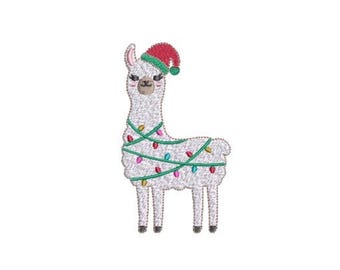 May include: An embroidered patch of a white llama wearing a red and green Santa hat. The llama is wrapped in a string of colorful Christmas lights with red, blue, and yellow bulbs. The design features detailed stitching and a clean white outline.