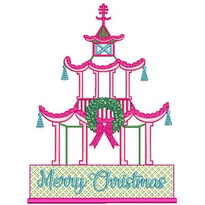 Chinoiserie Chic - Merry Christmas Pagoda - Machine Embroidery File design - 6x10 hoop