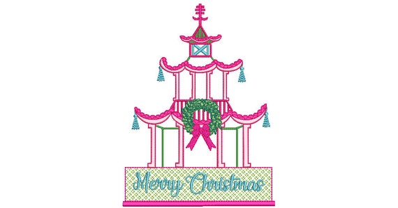 Chinoiserie Chic - Merry Christmas Pagoda - Machine Embroidery File design - 6x10 hoop