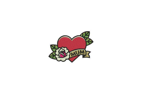 Mum Rose Heart Tattoo Retro Machine Embroidery File design 4 x 4 inch hoop