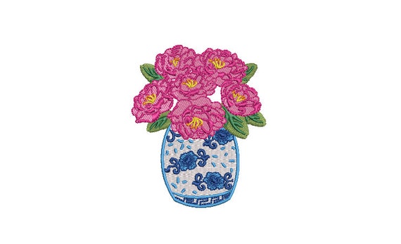 Chinoiserie Vase with Flowers - Machine Embroidery File design - 4x4 hoop - Chinoiserie Chic Embroidery Design