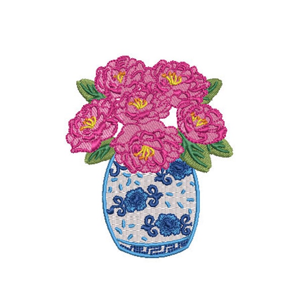 Chinoiserie Vase with Flowers - Machine Embroidery File design - 4x4 hoop - Chinoiserie Chic Embroidery Design
