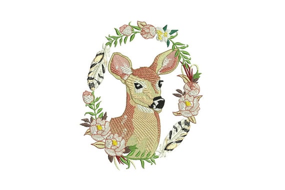 Deer Embroidery - Boho Deer Wreath Flowers Bohemian Machine Embroidery File design 5x7 hoop - instant download