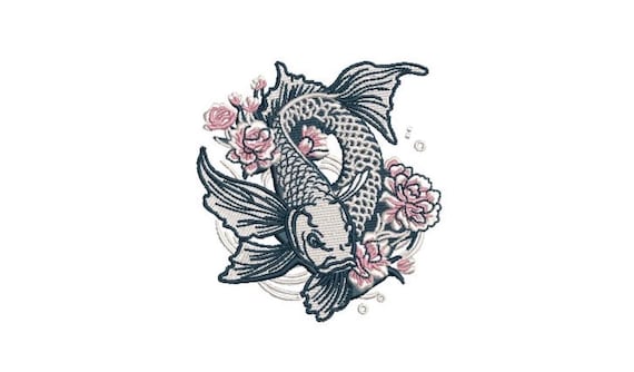 Koi Fish and Peonies Machine Embroidery File design - 4x4 inch hoop - Koi Embroidery Design