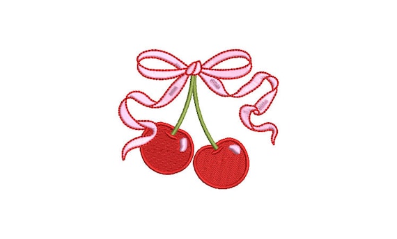 Ribbon Bow Cherries Embroidery Design - Machine Embroidery Instant Download File - Cherries Coquette Bow - 4x4 inches