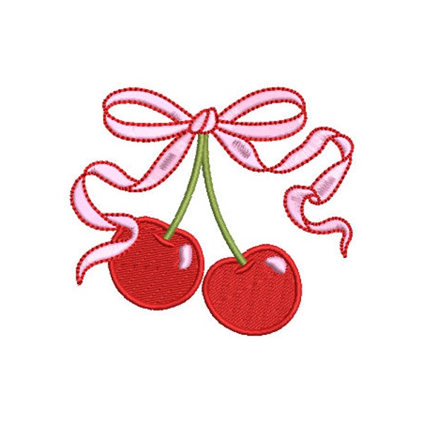 Ribbon Bow Cherries Embroidery Design - Machine Embroidery Instant Download File - Cherries Coquette Bow - 4x4 inches