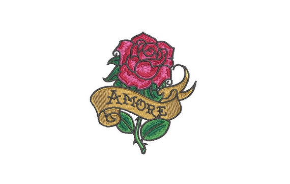 Amore Rose Tattoo Machine Embroidery File design - 4 x 4 inch hoop - Rose Embroidery File
