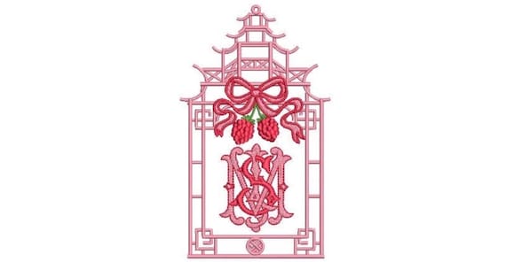 Chinoiserie Chic Pagoda Frame - Raspberry Pagoda - Machine Embroidery File design - 5x7 hoop download - Monogram NOT included