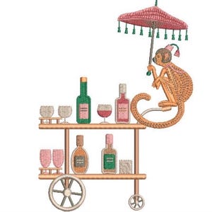 May include: An embroidered design featuring a two-tiered bar cart with wheels, holding various bottles and glasses. A monkey sits on the top shelf, holding a pink tasseled umbrella. The embroidery uses shades of brown, pink, green, and white.