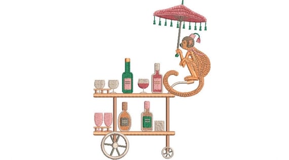 Chinoiserie Monkey Bar Cart Machine Embroidery File design - 5 x 7 inch hoop _ Wine Embroidery Design - Champagne Download