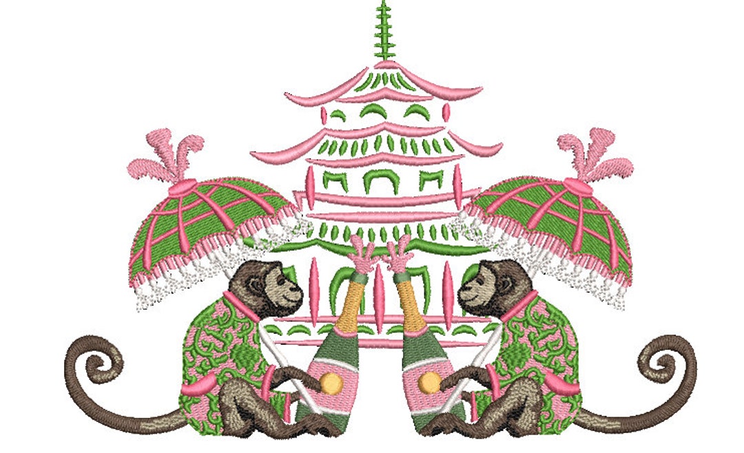 Chinoiserie Embroidery Design Parasol Monkey Pagoda Embroidery Design