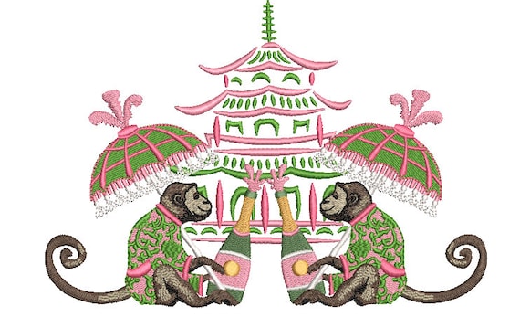 Chinoiserie Embroidery Design - Parasol Monkey Pagoda Embroidery Design - Machine Embroidery File design -  8x8 inch hoop