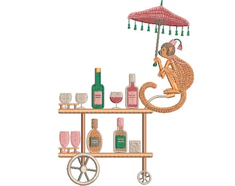 Chinoiserie Monkey Bar Cart Machine Embroidery File design - 5 x 7 inch hoop _ Wine Embroidery Design - Champagne Download
