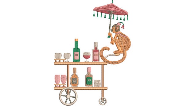 Chinoiserie Monkey Bar Cart Machine Embroidery File design - 5 x 7 inch hoop _ Wine Embroidery Design - Champagne Download