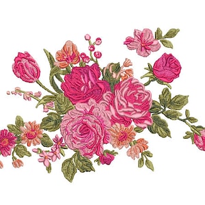 Pink Floral Embroidery -  Rose Machine Embroidery File design - 7 x12 inch hoop - instant download
