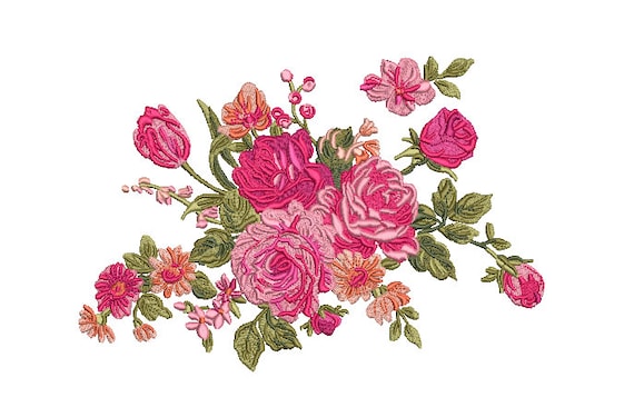 Pink Floral Embroidery -  Rose Machine Embroidery File design - 7 x12 inch hoop - instant download