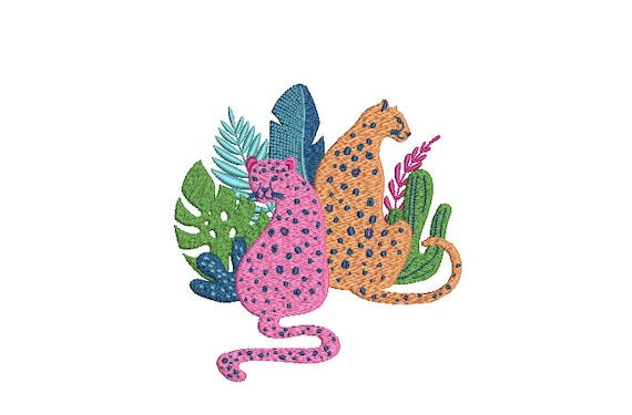 Leopards and Tropical Plants Machine Embroidery File design - 5x7 inch hoop - Leopard Design- instant download