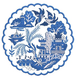 Chinoiserie Chic Blue Willow Pagoda Doily -  Machine Embroidery File design - 6x10 inch hoop