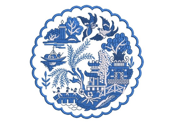 Chinoiserie Chic Blue Willow Pagoda Doily -  Machine Embroidery File design - 6x10 inch hoop