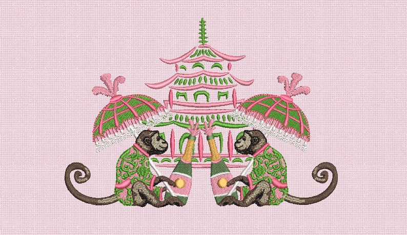 May include: An embroidery design on a light pink background featuring two brown monkeys wearing green and pink patterned jackets. Each monkey holds a champagne bottle, and above them is a pink and green pagoda structure with two green umbrellas.