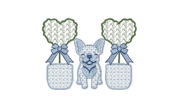 Hamptons Frenchie Topiary Trees -French Bulldog Machine Embroidery File design - 5x7 inch hoop - Frenchie Embroidery
