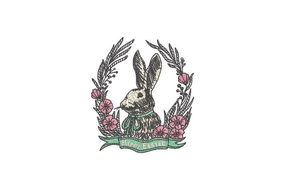 Vintage Happy Easter Bunny  - Machine Embroidery File design 4 x 4 inch hoop - Easter Embroidery Design