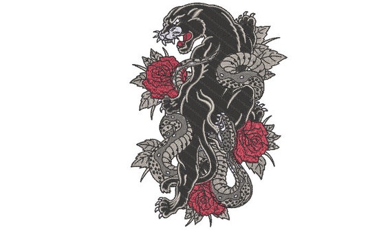 Panther Roses Embroidery Design -  Urban Modern Machine Embroidery File design - 5x7 inch hoop - instant download