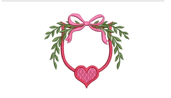 Valentine Bow Laurel Heart Monogram Frame - Machine Embroidery File design -  5x7 inch hoop - Letters Not Included