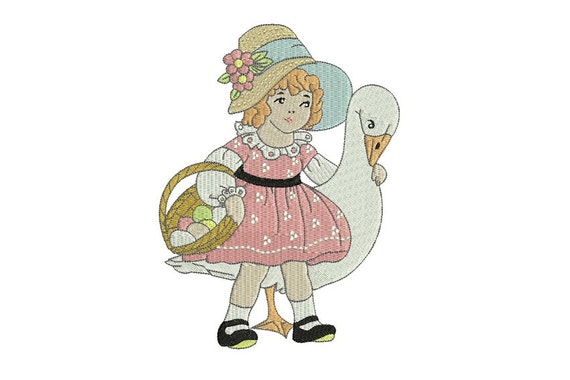 Whimsical Vintage Girl & Goose Easter Machine Embroidery File design 5x7 inch hoop - instant download