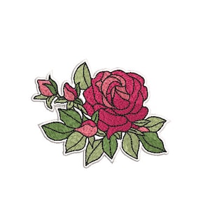 May include: Embroidered patch featuring a pink rose with green leaves and buds.