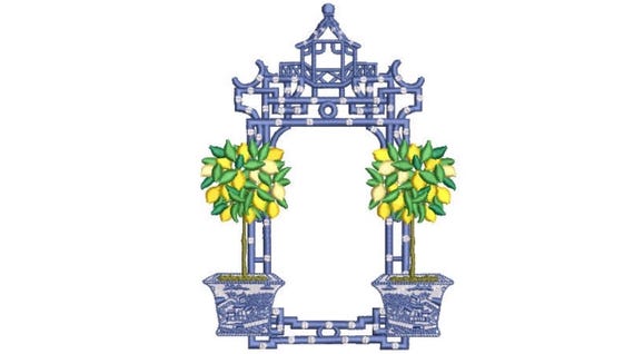 Chinoiserie Lemon Tree Pagoda - Machine Embroidery File design -5 x 7 inch hoop - Instant Download - Monogram Frame