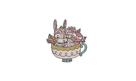 Machine Embroidery - Bunny Teacup- Embroidery File design - 4x4 inch hoop - Rabbit Embroidery
