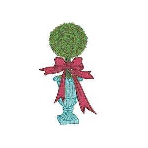 May include: A topiary tree with a round green bush, tied with a red bow, in a blue planter.